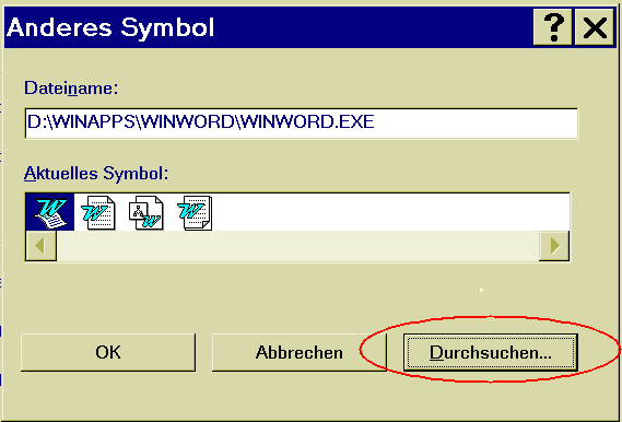 Screenshot "Durchsuchen", Dialogbox "anderes Symbol"